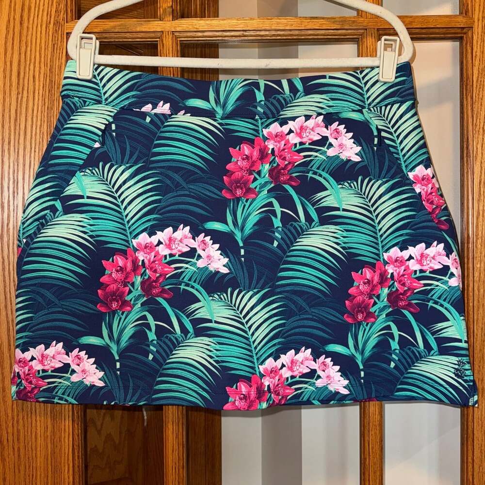 EUC TOMMY BAHAMA SZ L AUBREY ISLAND ZONE SKORT SKIRT NAVY BLUE GREEN PINK FLORAL